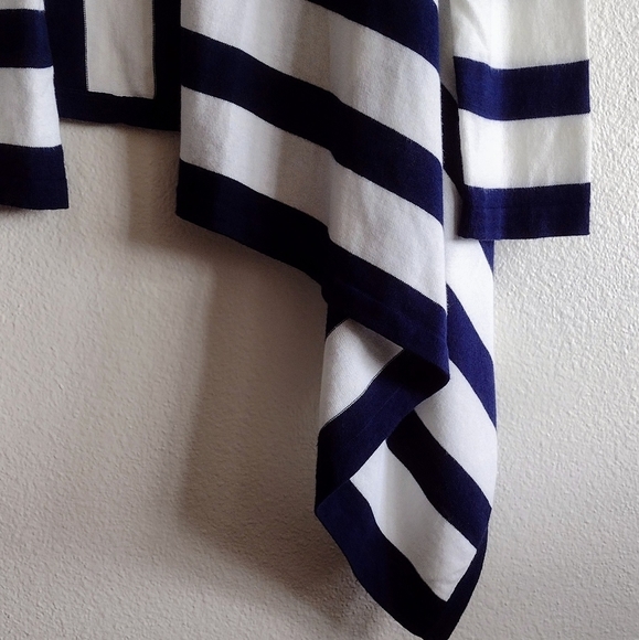 Navy Blue Striped Open Front Waterfall Cardigan Medium Coastal Grandma Fisherman - Picture 4 of 9